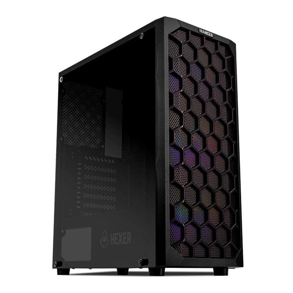 Gabinete Gamer Mancer Hexer Rainbow Mid-Tower Lateral de Vidro Com 3 Fans Preto MCR-HEX-RB01