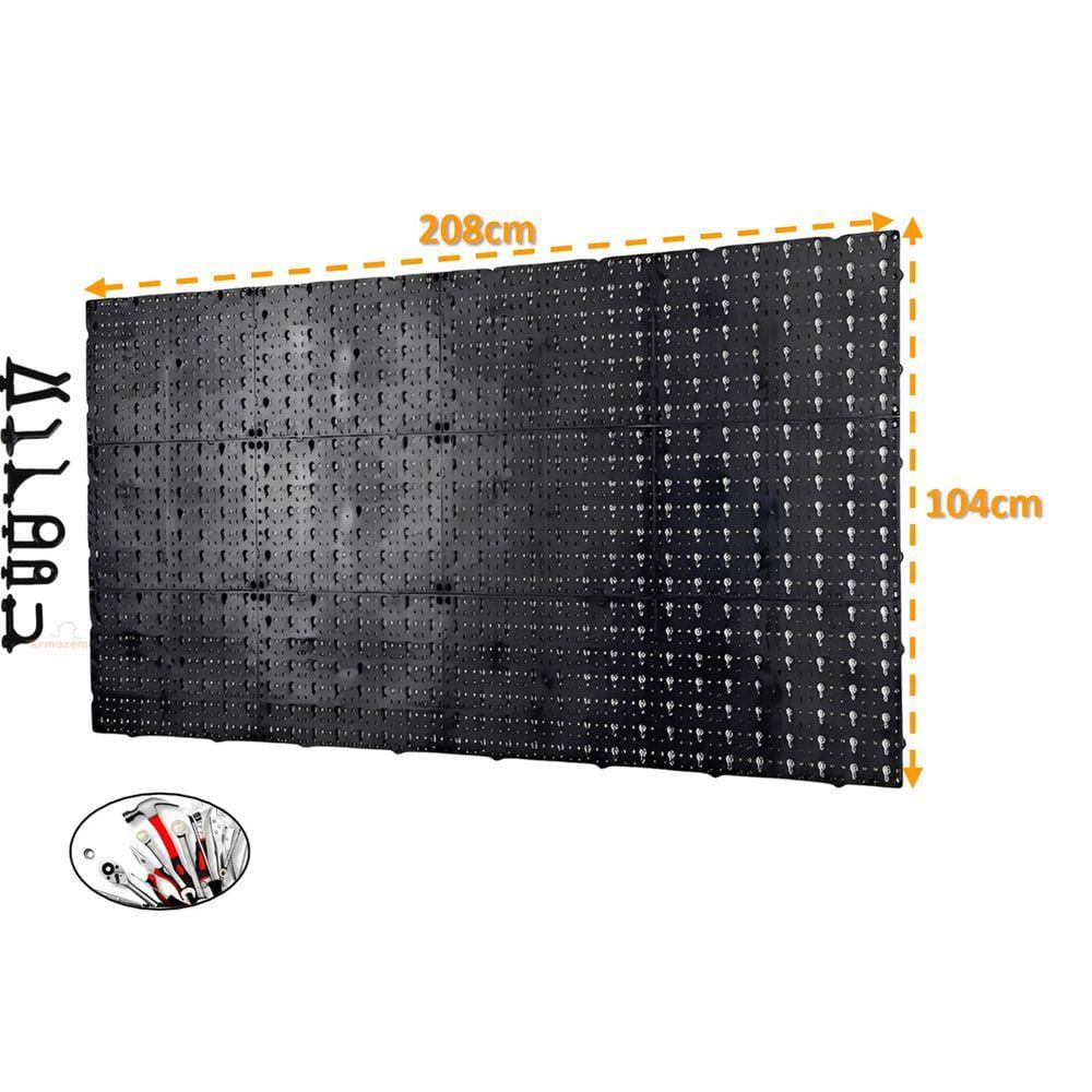 Painel Expositor De Ferramentas Modular 208cm x 104cm Em Plástico Perfurado Com 168 Ganchos Parede Preto - AMZ