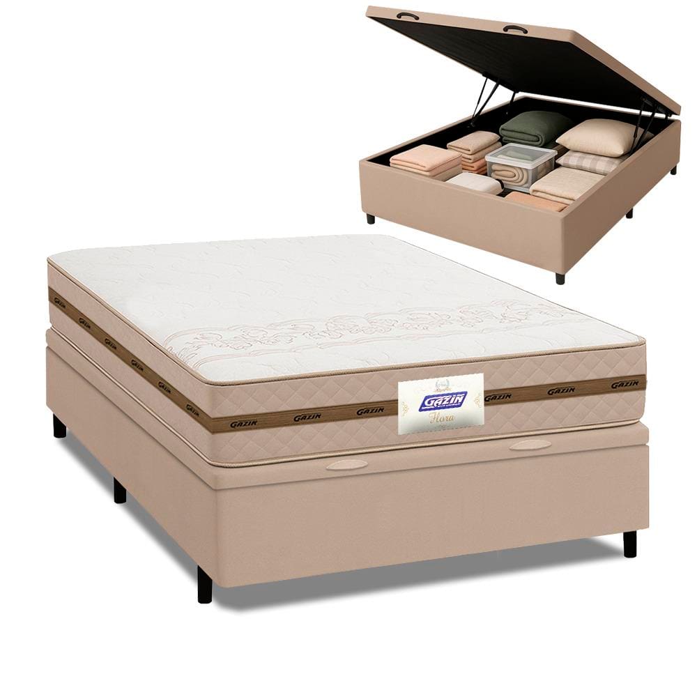 Cama Box Baú Casal Colchão Molas Flora Bege 138x188x61cm