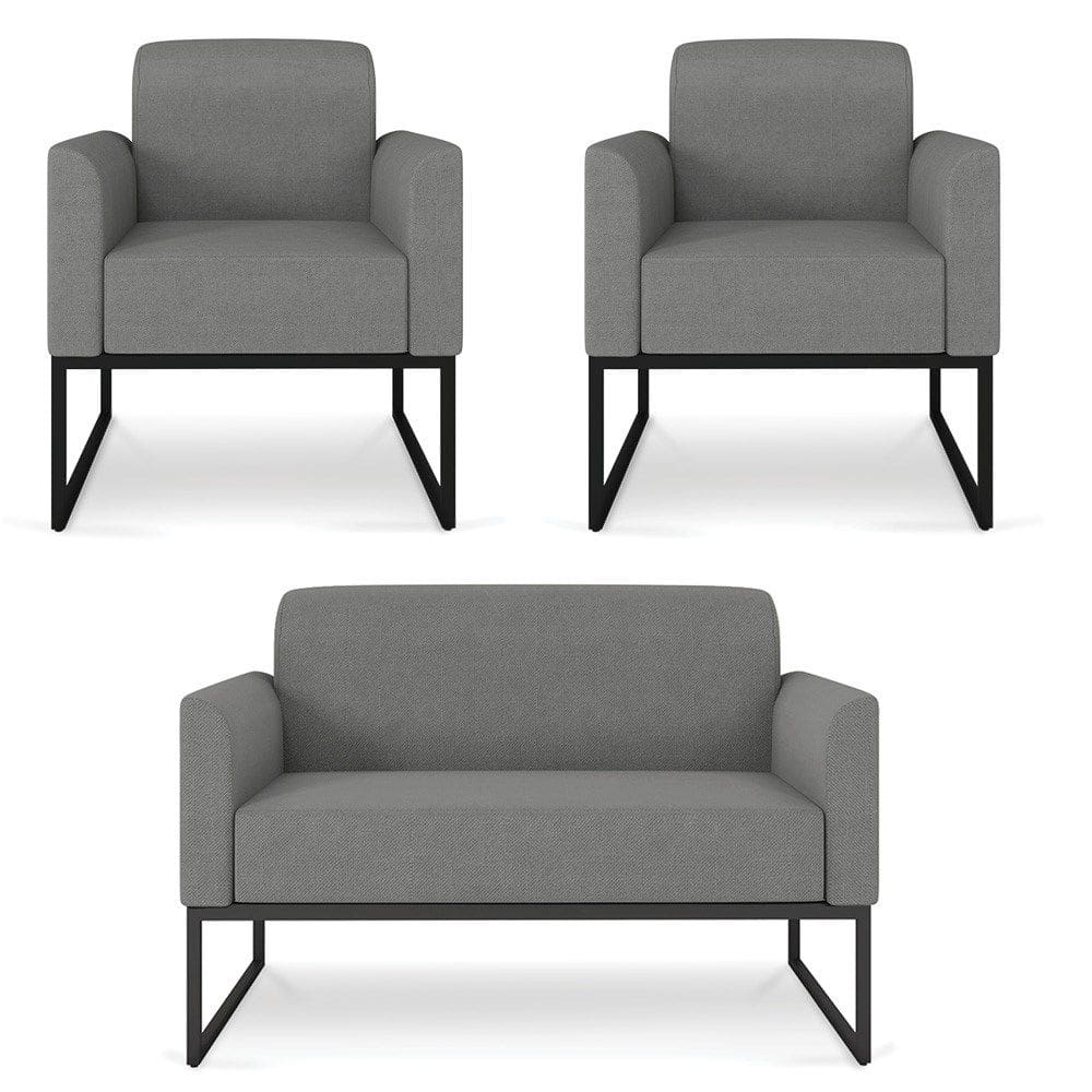 Kit Namoradeira e 2 Poltronas Decorativas Base Industrial Preta Maressa A26 Linho Grafite - Ibiza