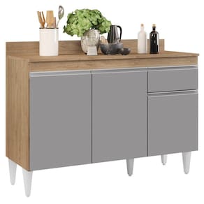 Balcão Gabinete 120cm Com Tampo 3 Portas 1 Gaveta Arizona Castanho/Cinza - Lumil Móveis