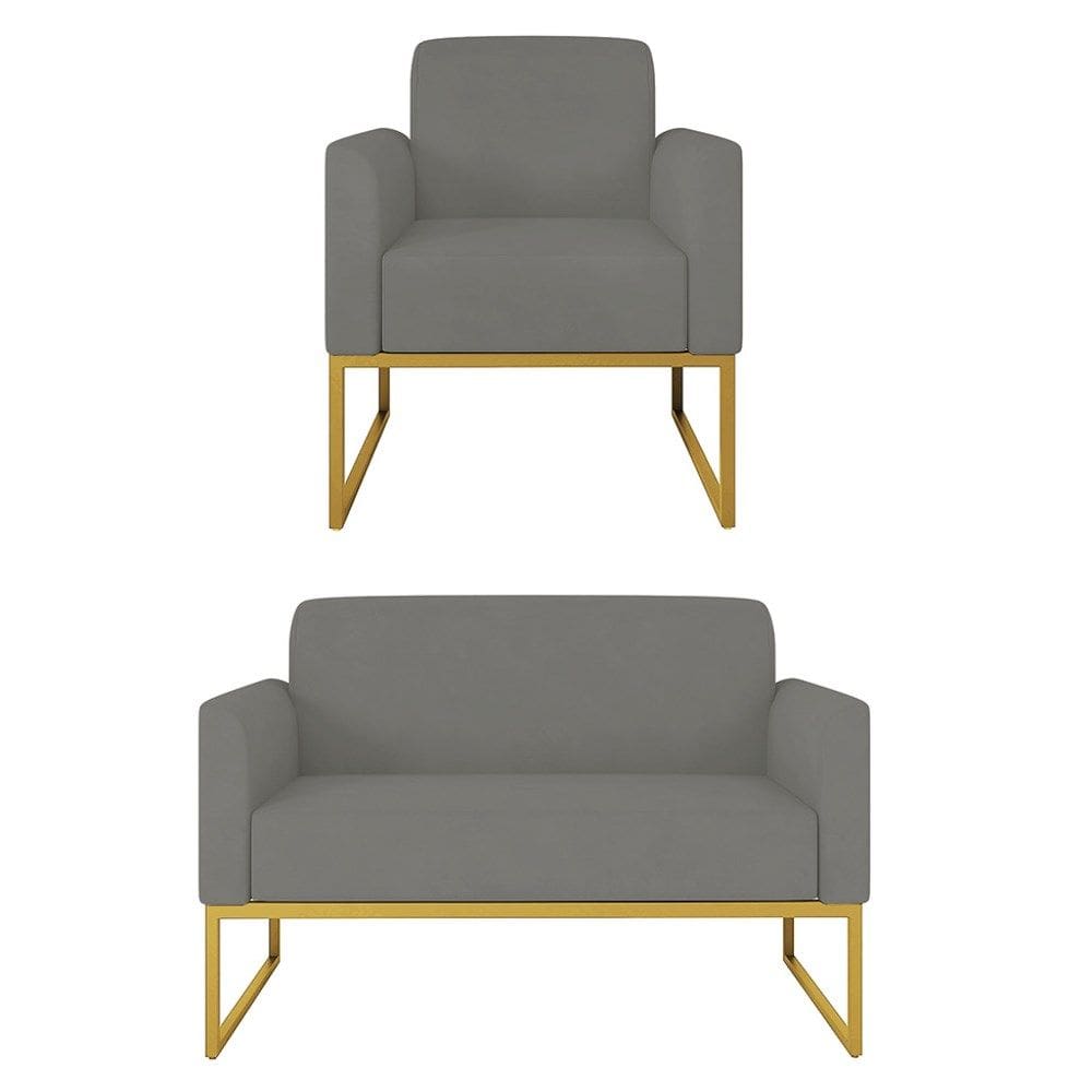 Kit Namoradeira e 1 Poltrona Decorativa Base Industrial Dourada Maressa S08 Suede Grafite - Ibiza