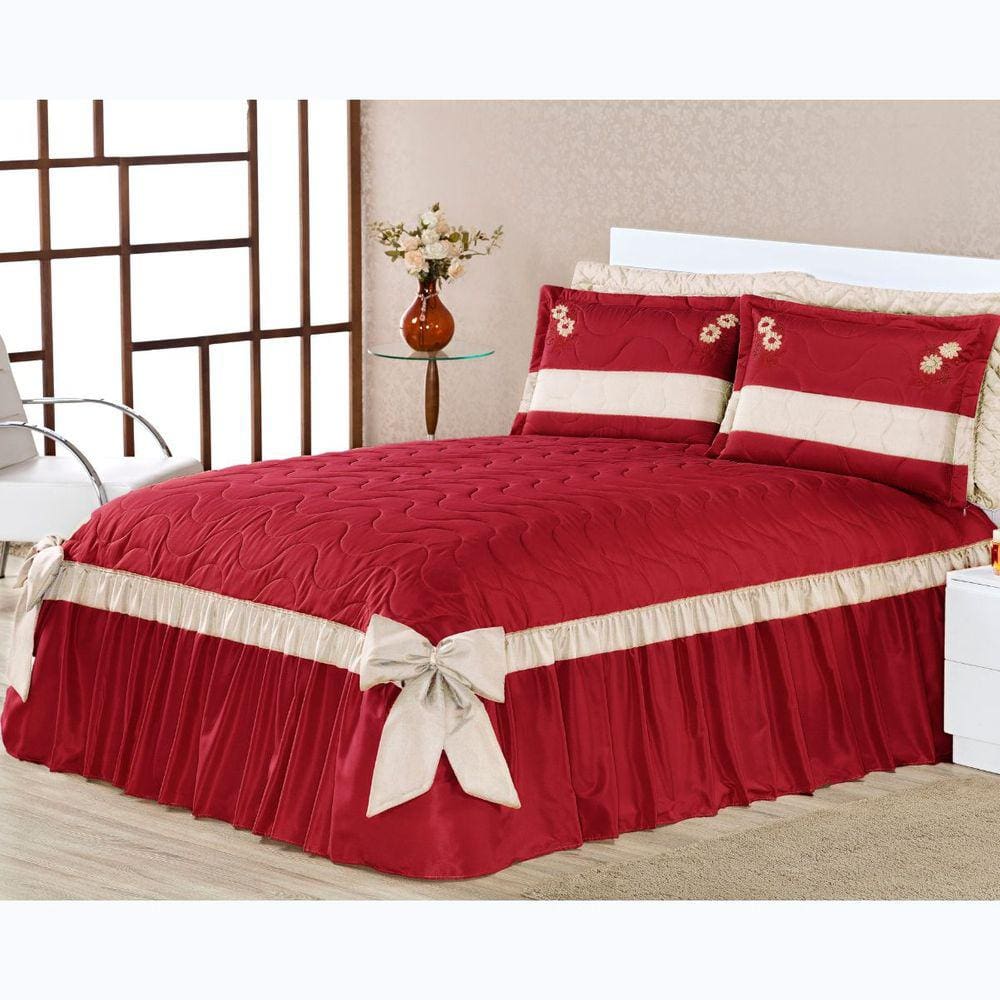 Colcha Cama Queen 3 Peças Bordada Babado com Laço Bella