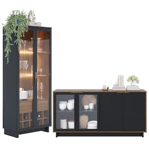 Conjunto Sala de Jantar Cristaleira Tijuca e Buffet Vicky C05 Preto Fosco/Noce Milano - Mpozenato