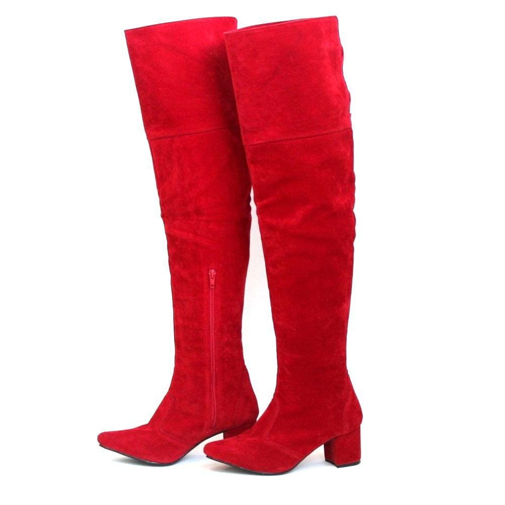 Bota Over Knee Camurça Vermelha Cano Alto Bico Fino