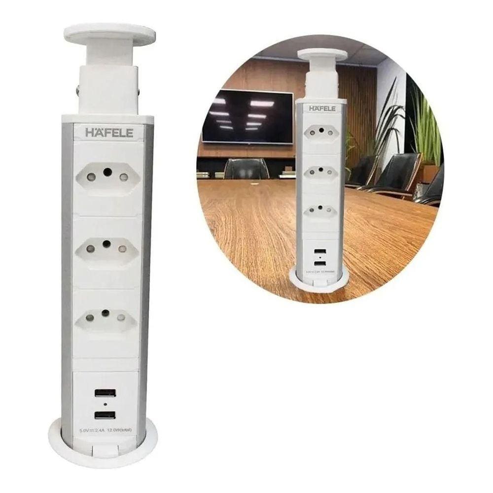 Totem Retratil Hafele Plug-Up 3T/2-Usb 110-250V Branca