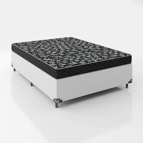 Cama Box Casal 138 Tecido Sintético Branco com Colchão Espuma D20 - Tampo Preto 12cm
