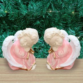 Par De Anjos De Gesso Rosa Sentado Estátua Decorativa 11cm