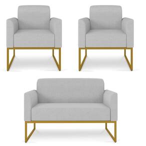 Kit Namoradeira e 2 Poltronas Decorativas Base Industrial Dourada Maressa A05 Linho Cinza Claro - Ibiza