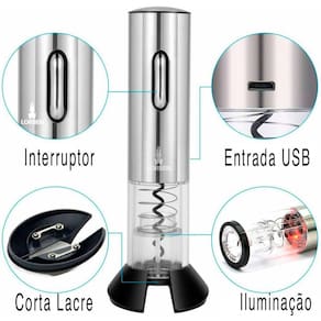 Abridor Vinho Saca Rolha Elétrico com Luz de Led sem Fio Bateria Recarregável Lorben
