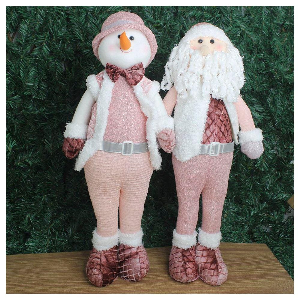 Dupla Boneco Natalino Papai Noel e Boneco De Neve Rosa