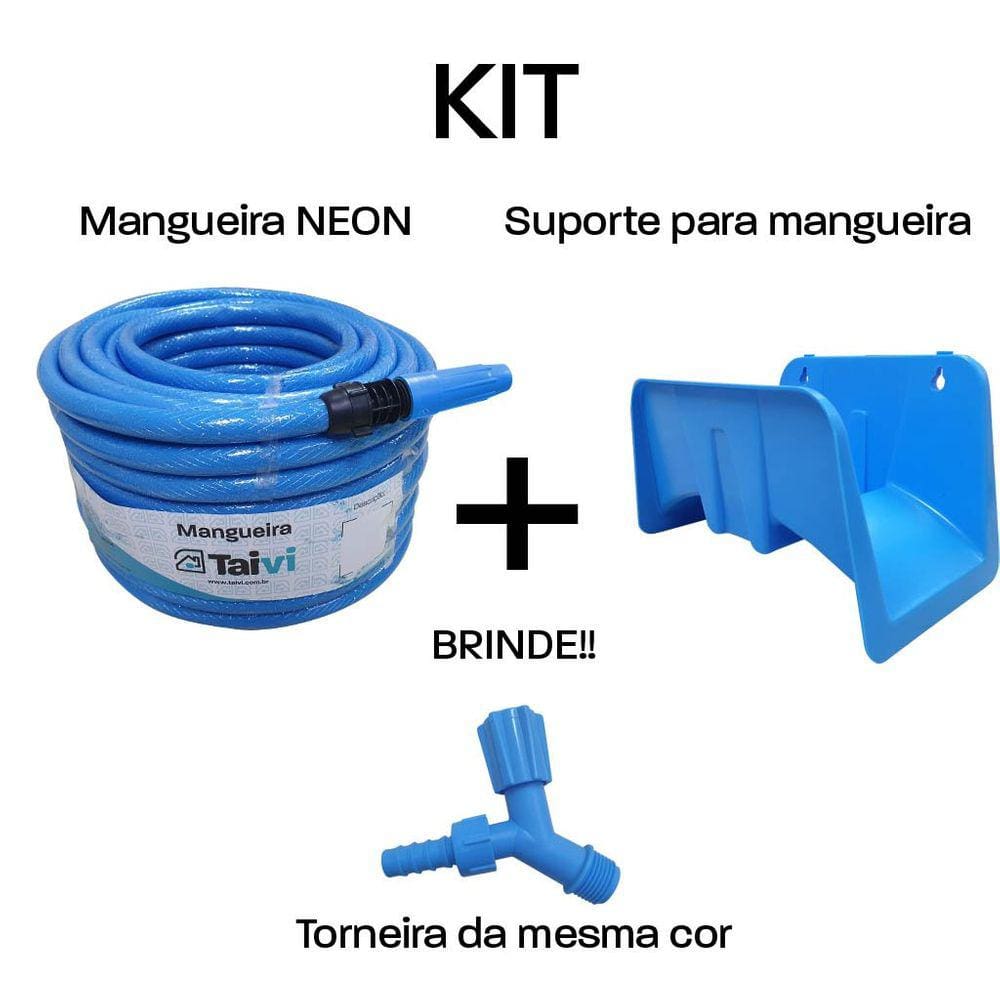 Kit Mangueira Trançada Neon 1/2" X 2,00mm + Suporte + Torneira (Azul)