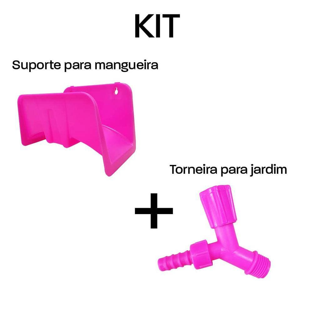 Kit Suporte Para Mangueira + Torneira de Jardim Rosa