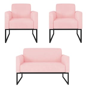 Kit Namoradeira e 2 Poltronas Decorativas Base Industrial Preta Maressa S19 Suede Rosa Bebê - Ibiza