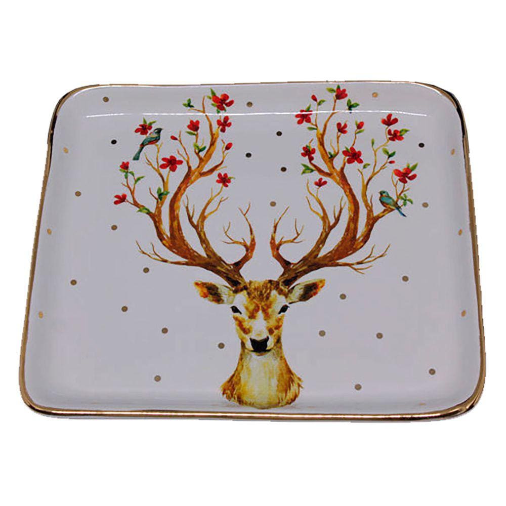 Travessa Retangular Cerâmica Méd. Rena Deer Borda Ouro 15,5 x 18 x 2cm