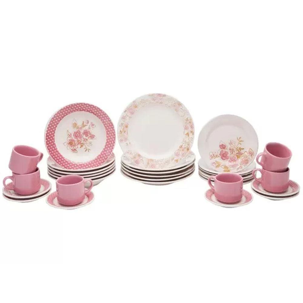 Aparelho de Jantar 42 Peças Porcelana Rosa com Flores Douradas - Dynasty -  Papel Mache