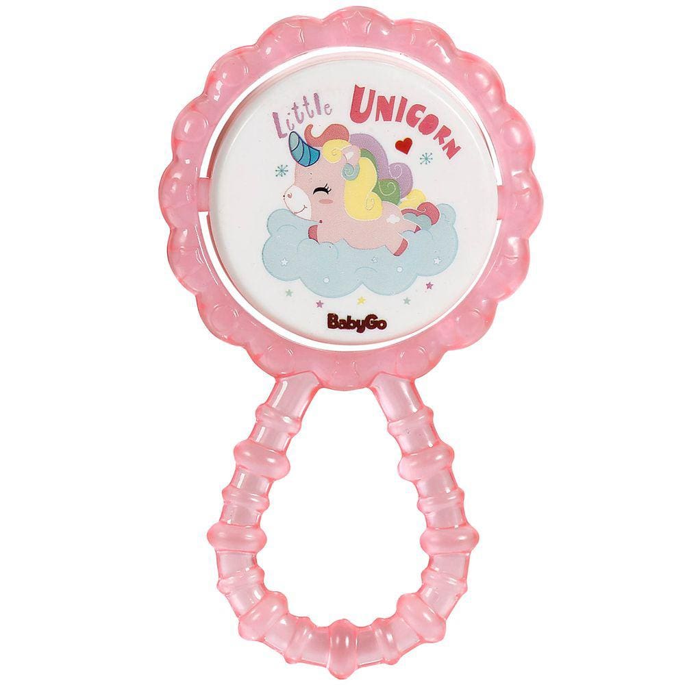 Chocalho Bebê Infantil A Partir dos 4 Meses Com Mordedor e Alça Texturizada Unicórnio Rosa Baby Go