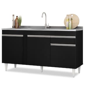Balcão Gabinete Para Pia 150cm Sem Tampo 3 Portas 1 Gaveta Dakota Preto - Lumil
