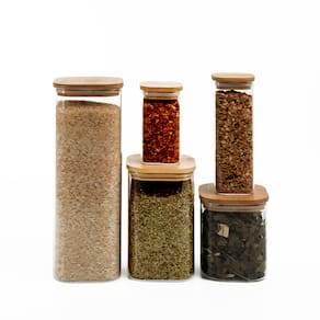 Kit De Pote Hermético Vidro Quad Tampa De Bambu 5 Pçs Oikos