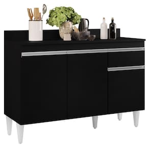Balcão Gabinete 120cm Com Tampo 3 Portas 1 Gaveta Arizona Preto - Lumil Móveis