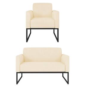 Kit Namoradeira e 1 Poltrona Decorativa Base Industrial Preta Maressa S03 Suede Bege - Ibiza