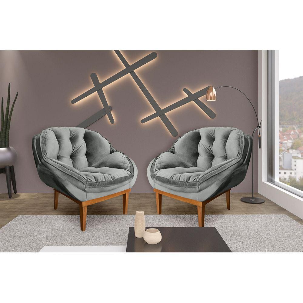 Kit 2 Poltronas Decorativa Marcela Veludo Cinza Dal Poz Estofados
