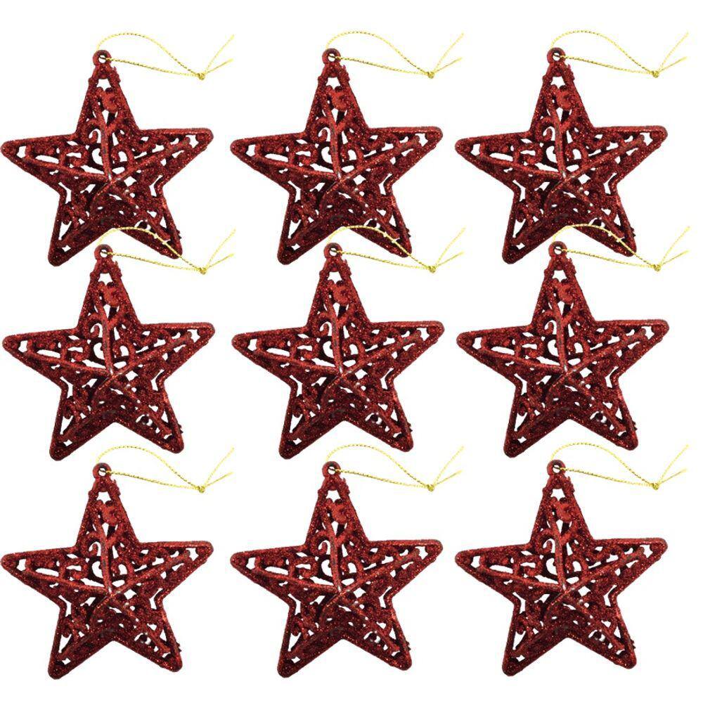 Conjunto Estrela Tridimensional Gliter Arabesco Vermelha 8cm Enfeite Árvore 9 Unidades - Magizi