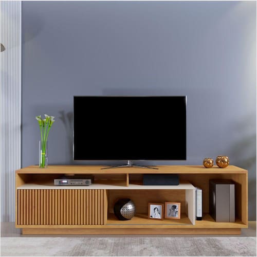 Rack Bancada para TV até 75" com 01 Porta e 03 Nichos Tauari/Off White Menor preço em Rack Bancada para TV até 75" com 01 Porta e 03 Nichos Tauari/Off White