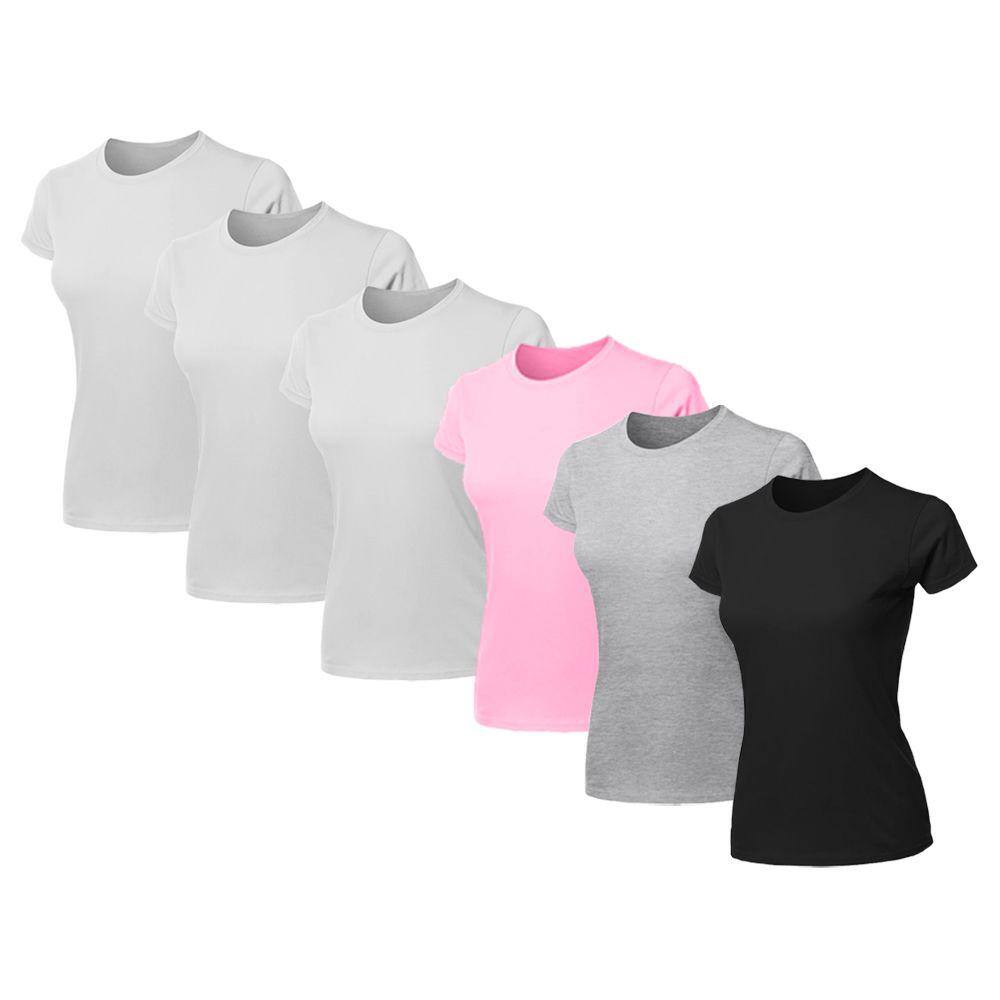 Kit 6 Blusas Feminina Tshirt Algodão Camiseta Baby Look Slim Fit Gola Redonda Básica