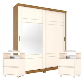 Guarda Roupa Casal Verg com Kit Mesa de Cabeceira Campeche Nature Off White - Henn