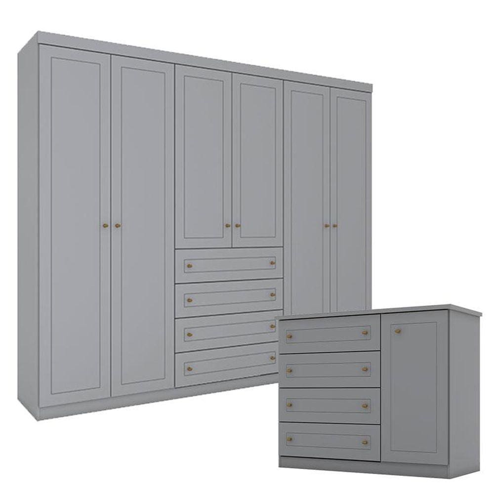 Cômoda e Guarda Roupa Casal 6 Portas Americano Cinza - Henn