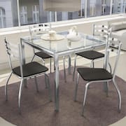 Kit Conjunto Mesa Quadrada 4 Cadeiras 90 x 90 cm Sala de Jantar Cozinha Vidro Metal Cromado Preto