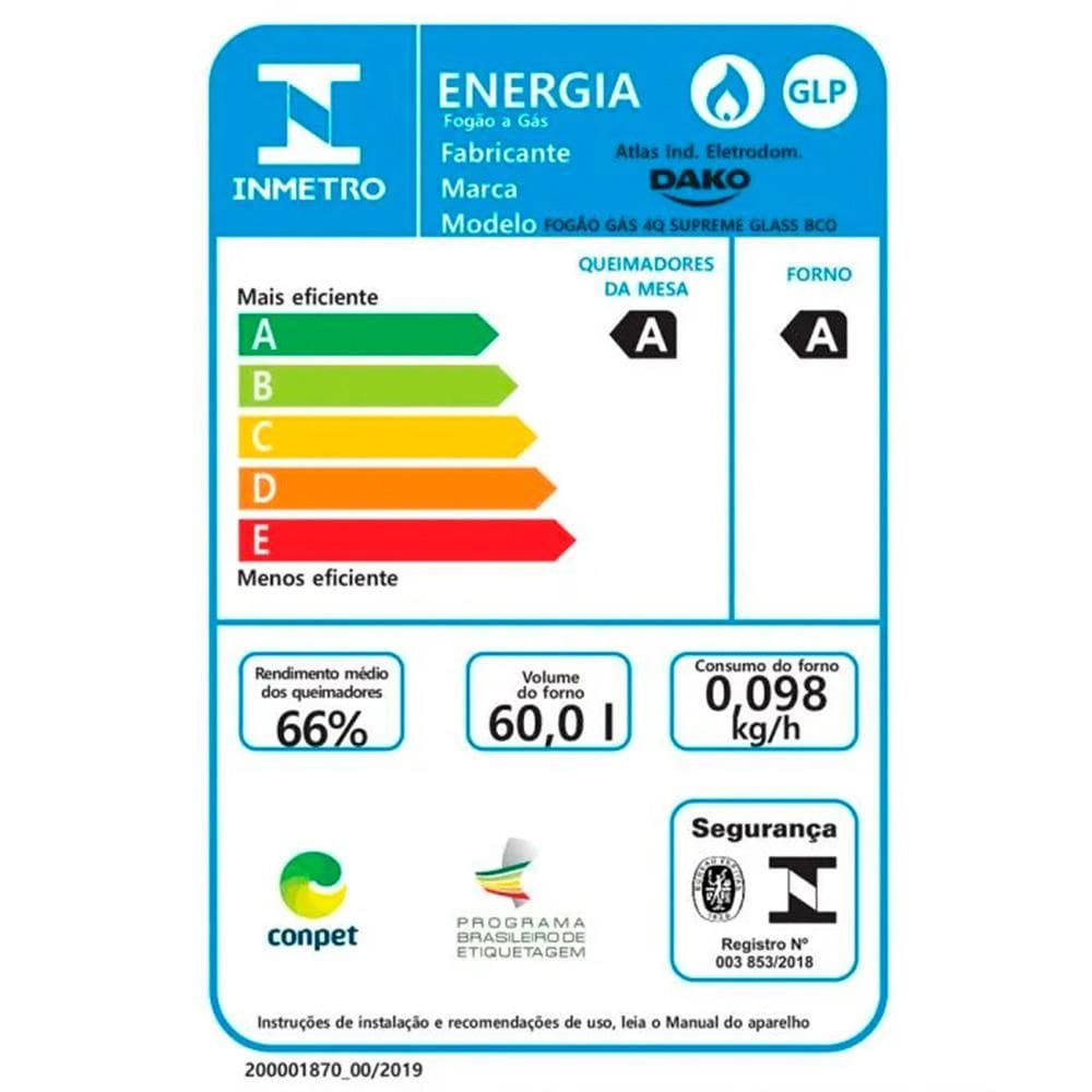 Fogão Dako Supreme Glass 4 Bocas Com Acendimento Automático Branco - Bivolt