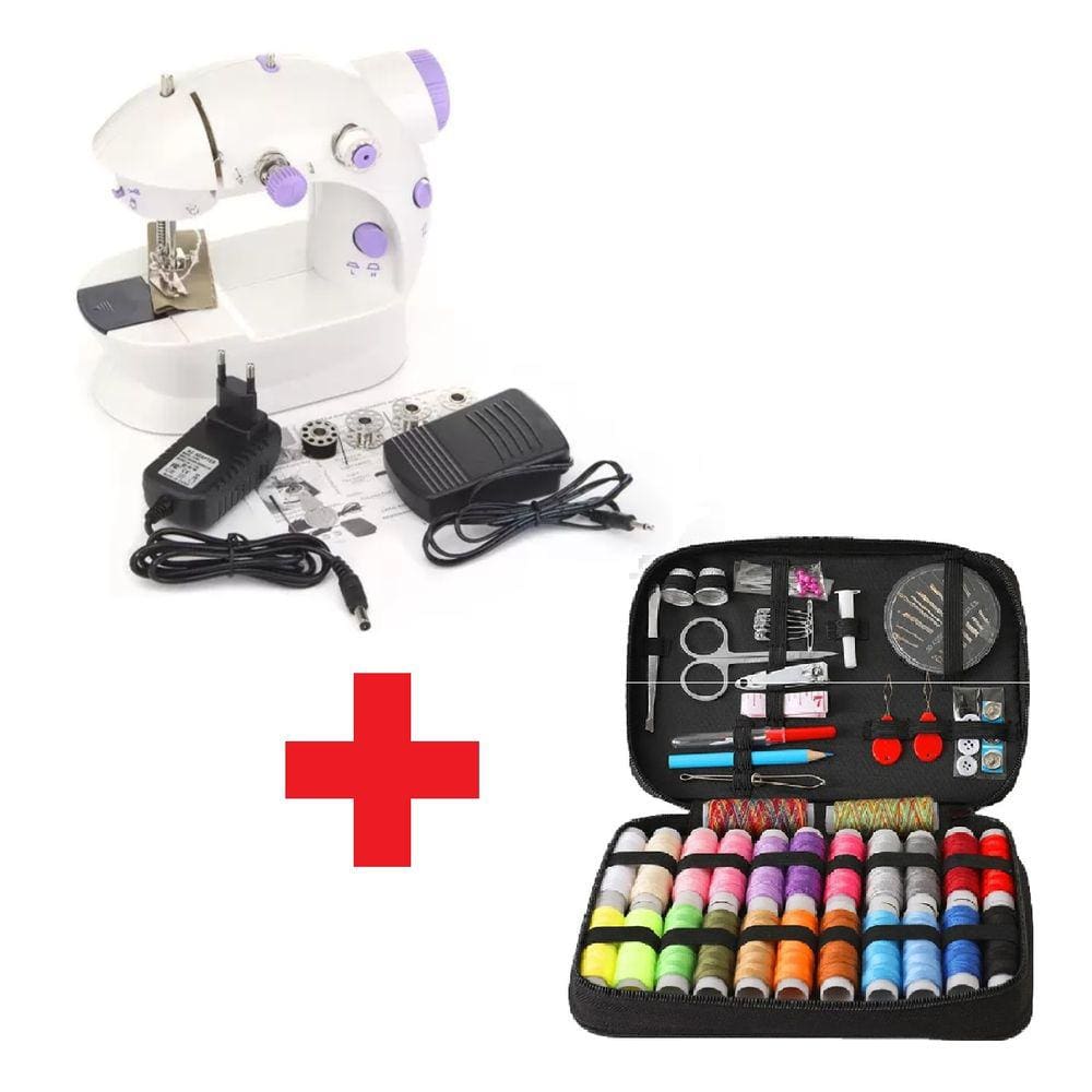 Kit 1 Mini máquina de costura portátil e 1 Kit de costura com 96 itens