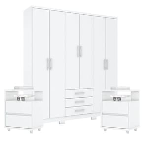 Guarda Roupa Casal Caju 6 Portas com Kit Mesa de Cabeceira Branco - Henn