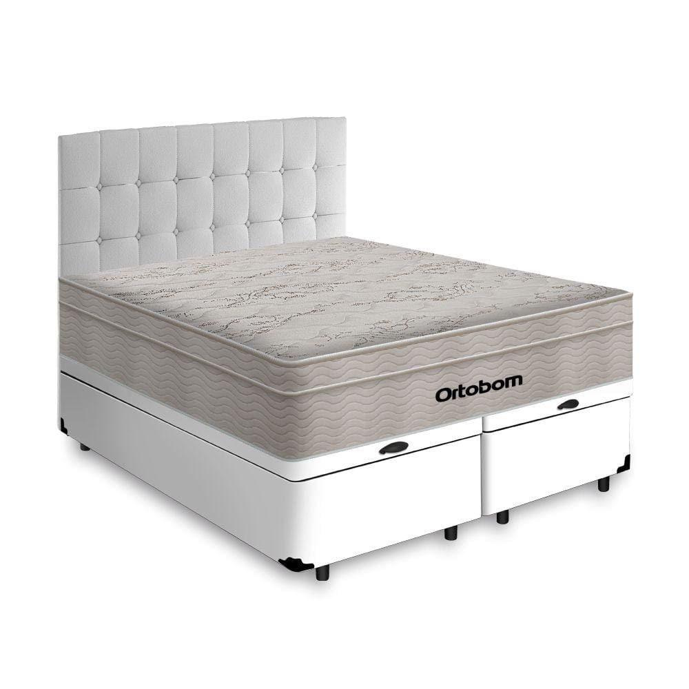 Box Baú + Cabeceira Cassis e Colchão Queen- Ortobom- AirTech SpringPocket- 158x198x67cm Branco