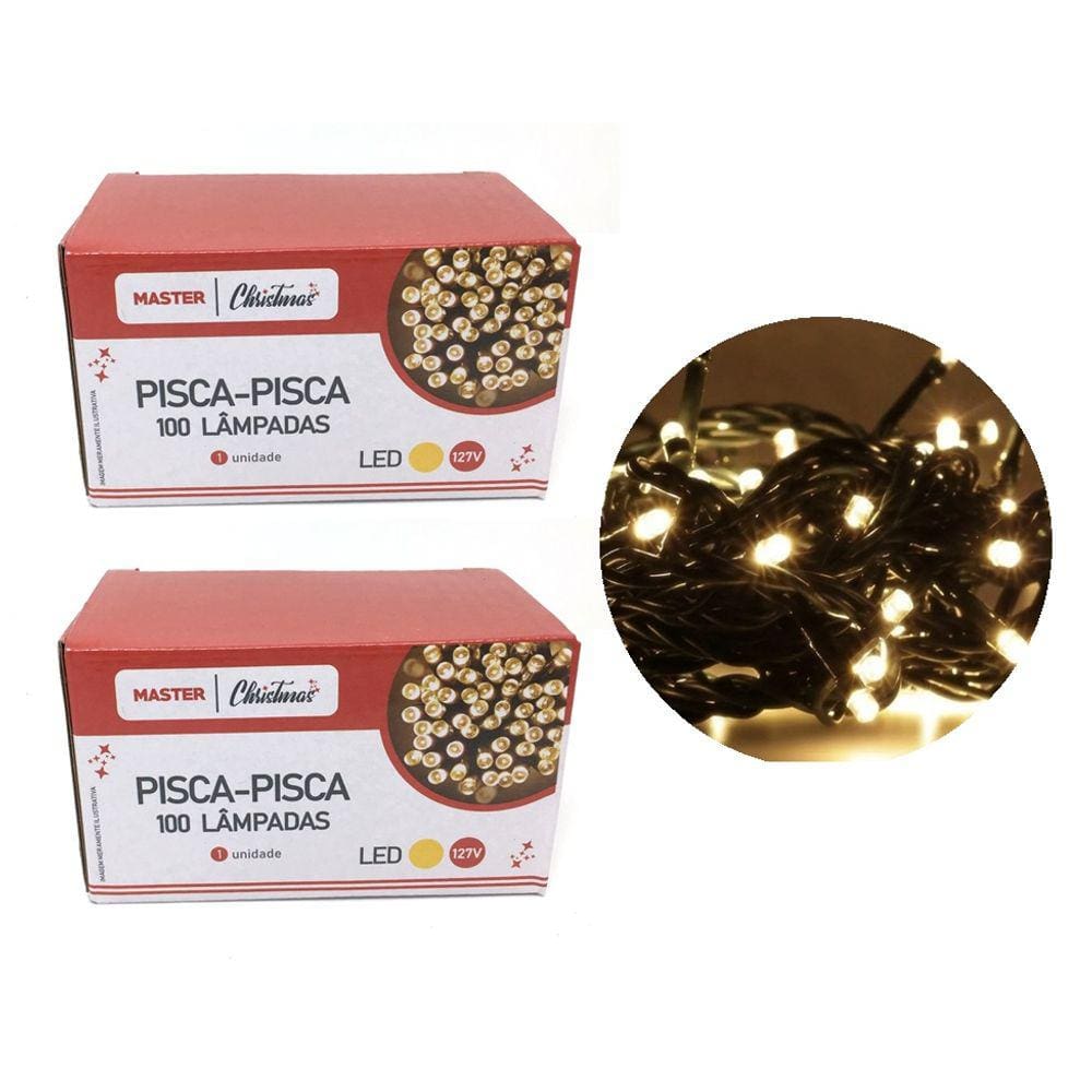 Jogo 2 Pisca Pisca 100 Lâmpadas LED Branco Quente 8 Funções 127V Total 200 Lâmpadas - Master Christmas