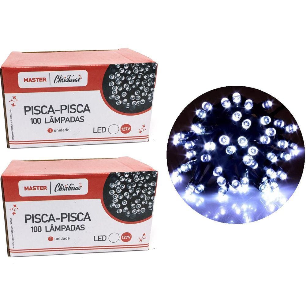 Jogo 2 Pisca Pisca 100 Lâmpadas LED Branco 8 Funções 127V Total 200 Lâmpadas - Master Christmas