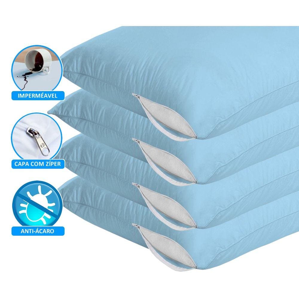 Kit 4 Capa Travesseiro Impermeável Azul 50cm x 70cm Com Zíper e HipoAlergênico