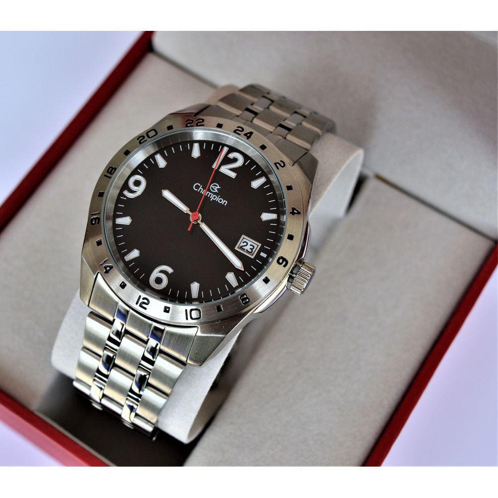 Relogio Champion Masculino Aço Prateado Visor Preto Ca31220d