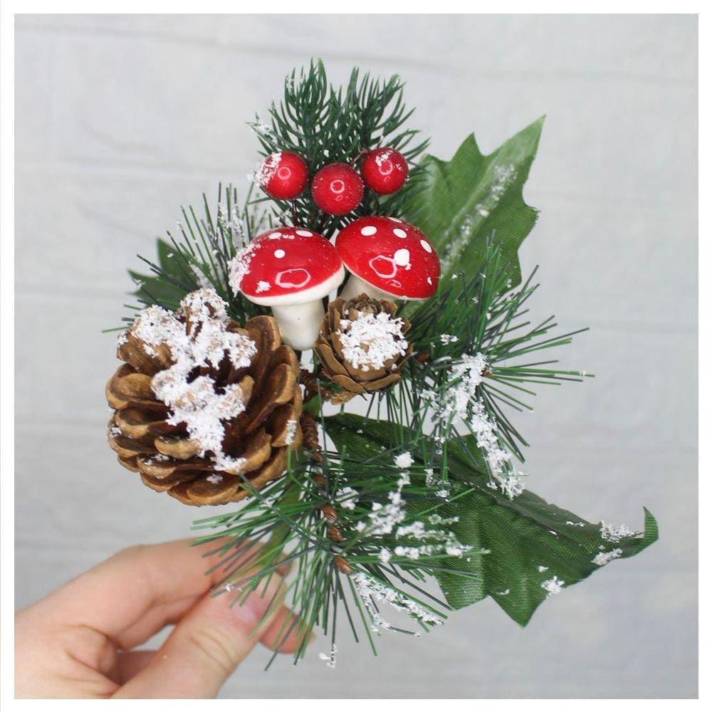 Kit 2 Ramos Cogumelo Decoração Natal Artificial Com Detalhes Branco 17cm