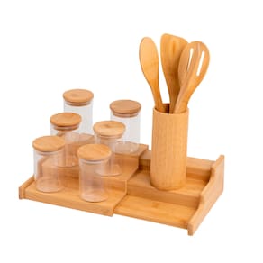 Kit 6 Potes 250Ml,Rack Organizador,4 Utensílios Bambu Oikos