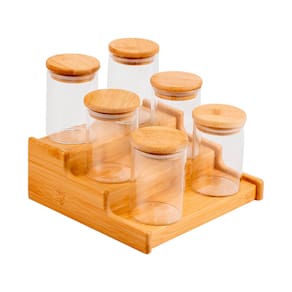 kit 6 potes 250ml tampa bambu e rack organizador bambu Oikos
