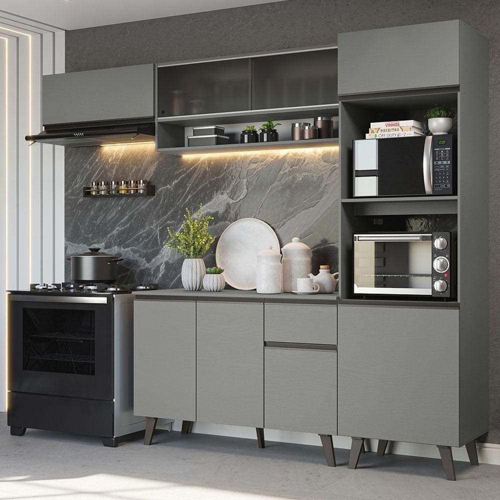 Armário De Cozinha Completa 260cm Cinza Nice 04 Cinza