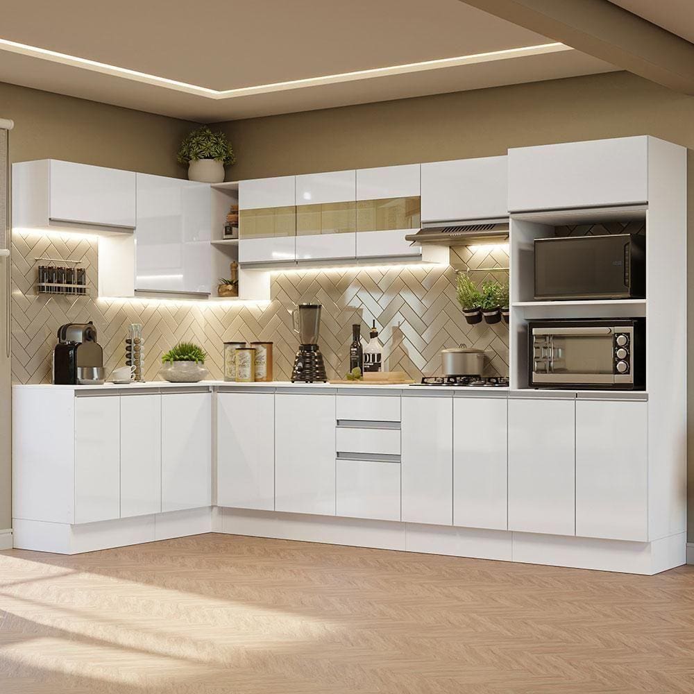 Armário De Cozinha Completa 447cm Frentes Branco Brilho