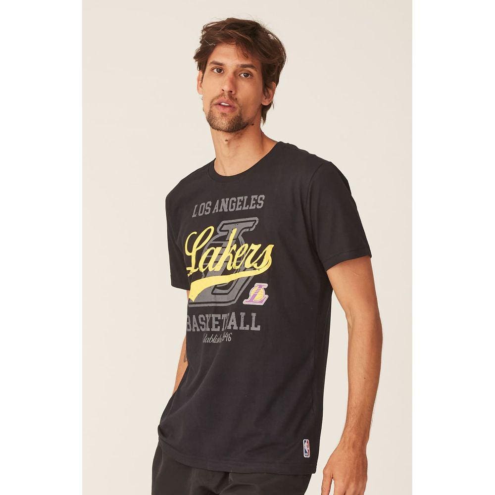 Camiseta NBA Los Angeles Lakers Casual Preta com Logo Amarelo