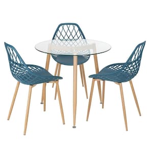 Mesa Redonda Tampo De Vidro 80 Cm + 3 Cadeiras Azul Petróleo