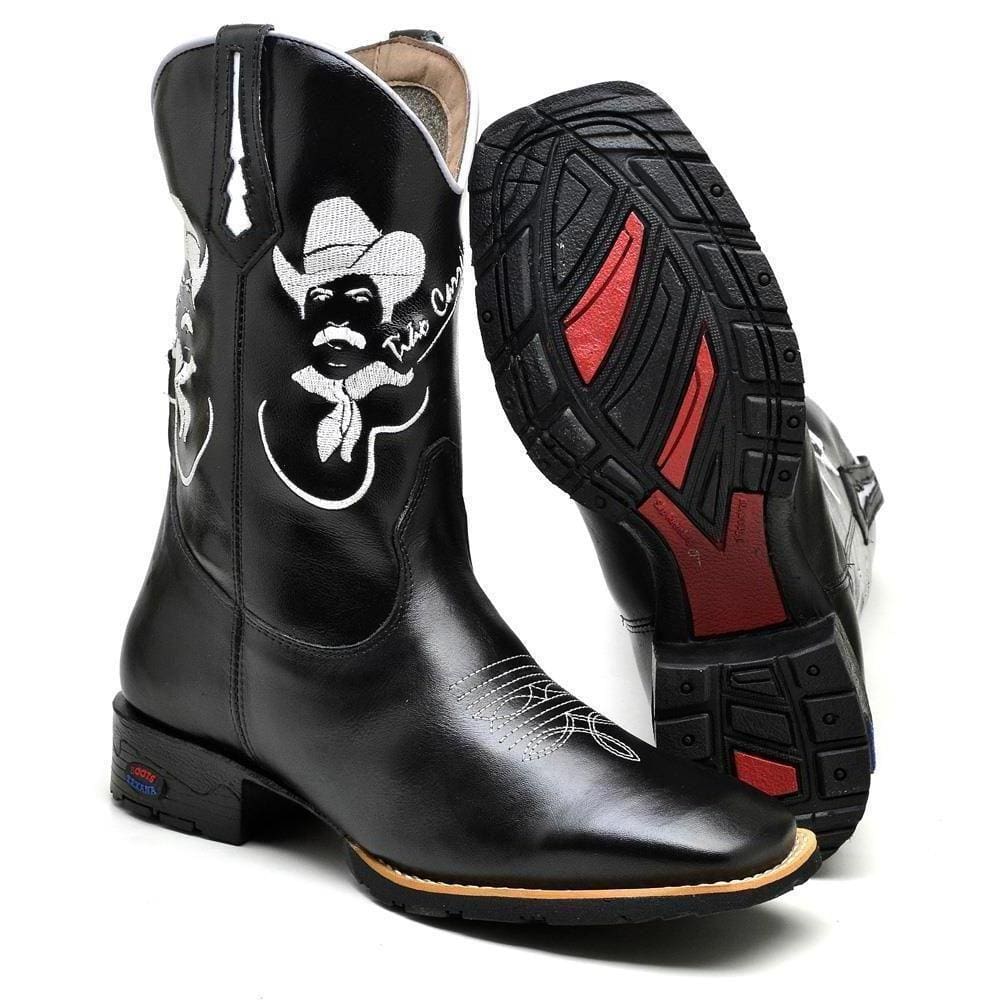 Bota Texana Masculina Couro Cano Alto Bordado Bico Fino