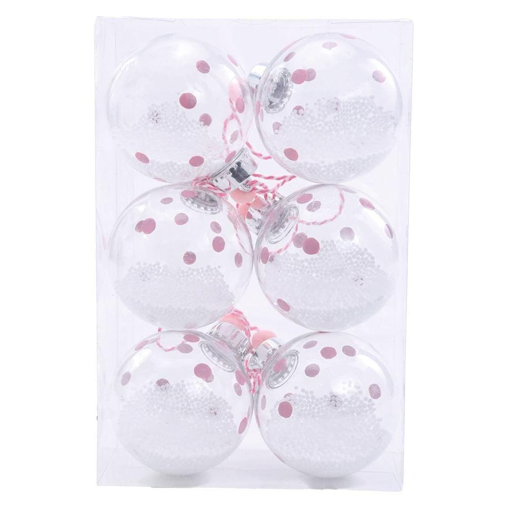 Jogo C/6pç Bolas Transparente C/poá Rosa 8cm 11016166