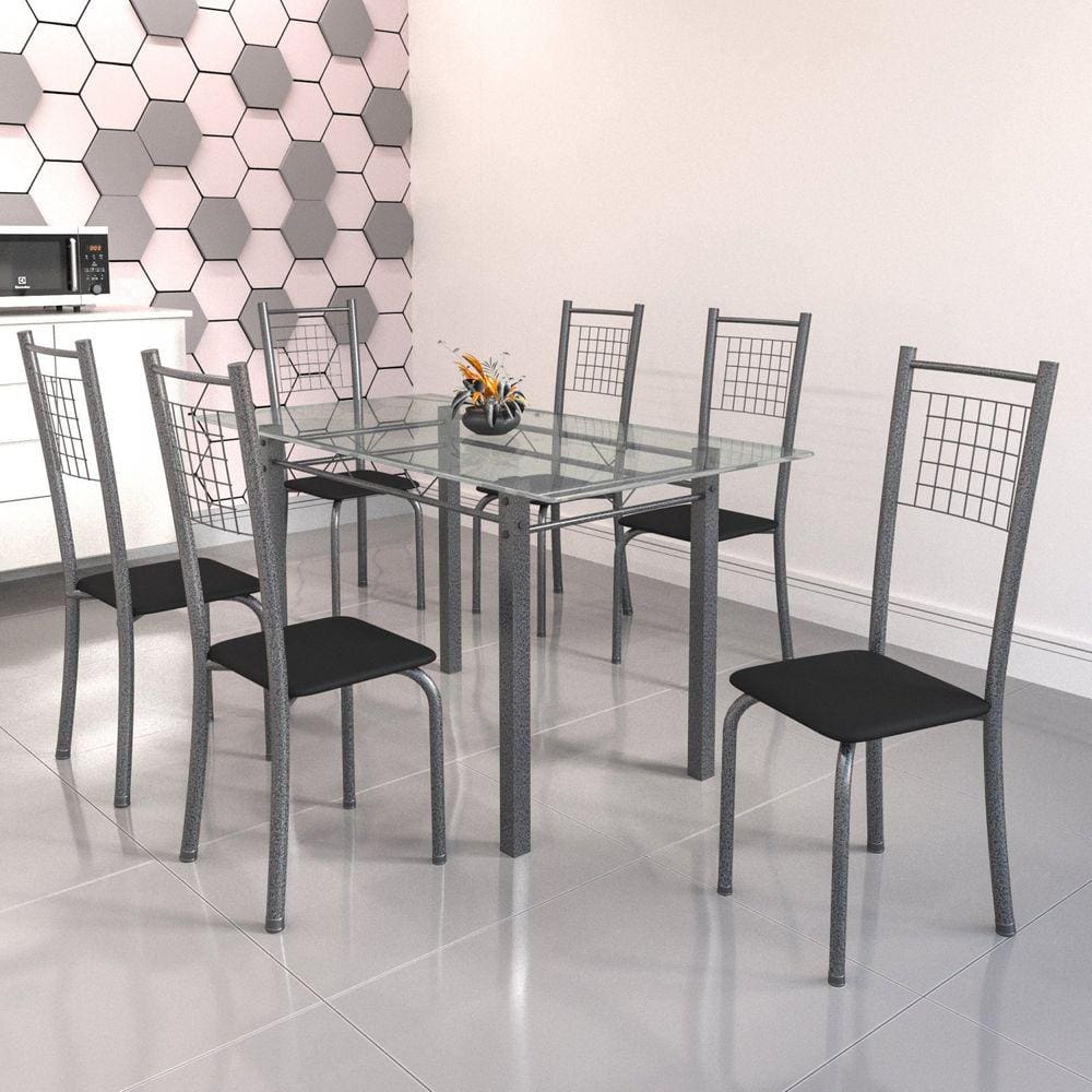Conjunto de Mesa Tubular 6 Cadeiras 140cm com Tampo de Vidro Iza Soma Móveis Preto/Prata